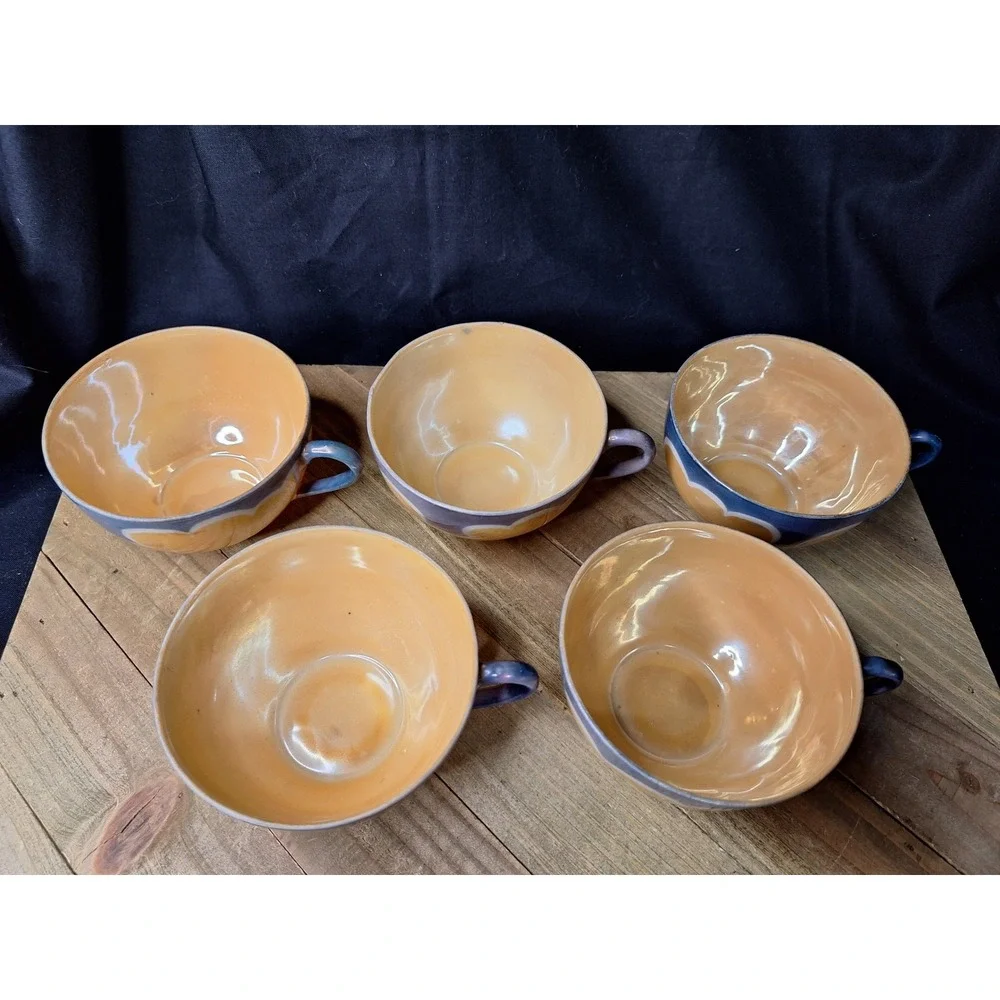 Vintage Japanese Lusterware Teacups Set of 5 Peach‎ Blue Iridescent Art Deco